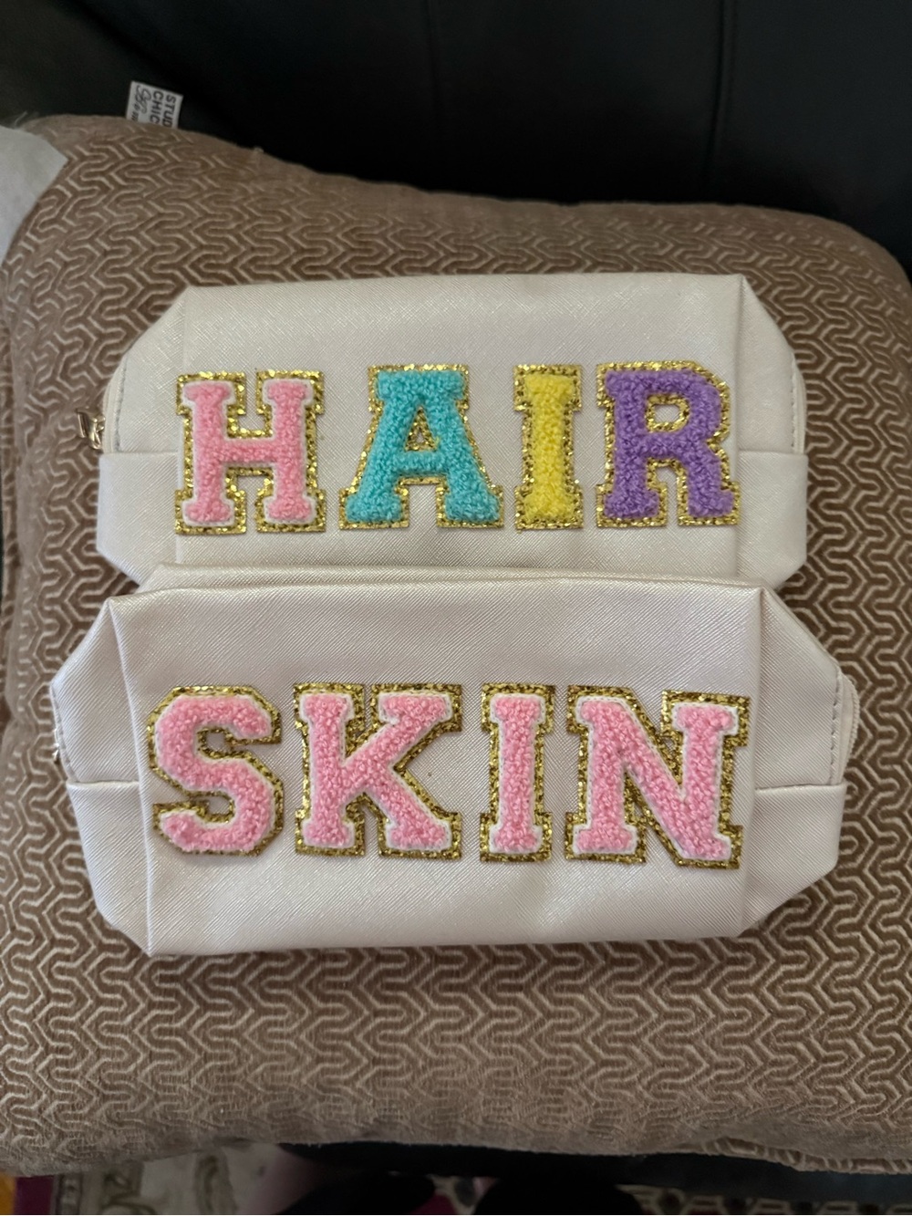 Hair & Skin Embroidered Cosmetic Pouches - Pastel Letters